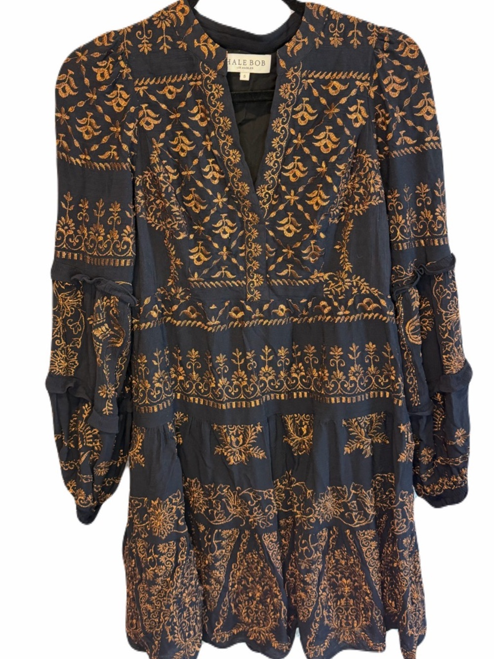 Hale Bob Adira Dress - Small - Black Gold Bronze Long Sleeve EUC